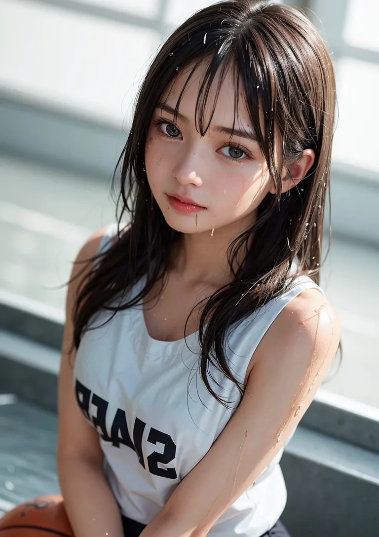 清潔感溢れる白いタンクトップに身を包んだ黒髪ロングの少女が、明るい室内で水滴を浴びながら真摯な表情を見せるポートレートです。夏らしい爽やかな雰囲気が漂う一枚。