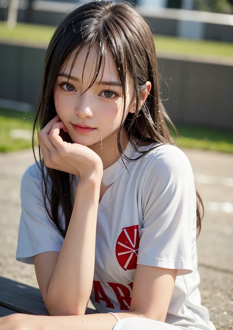黒髪ロングに前髪が印象的な美少女が、屋外の明るい日差しの中で思慮深い表情を浮かべています。白いTシャツを着た清潔感あふれる姿が、逆光に包まれた日常的で親しみやすい雰囲気を演出しています。