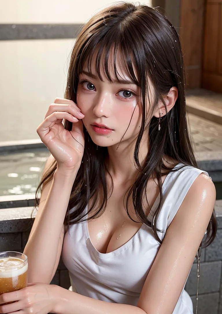 黒髪ロングを優雅にまとめた美少女が、カフェの席でドリンクを前に物思いに耽った表情を見せています。透明感のある肌と柔らかな午後の光が調和した、アニメ調の繊細なポートレート作品です。