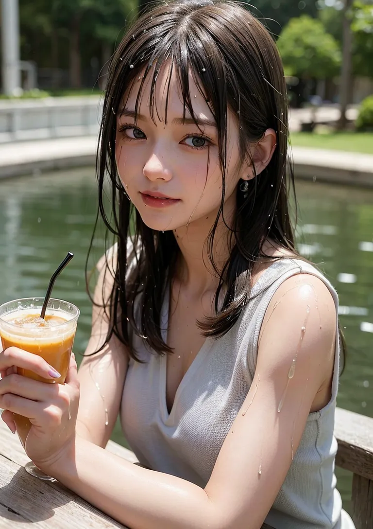 黒髪を濡らした清涼感あふれるノースリーブ姿の美少女が、水面を背景に冷たい飲み物を手に涼しげな表情で佇んでいます。夏の日差しを感じる屋外ポートレート。
