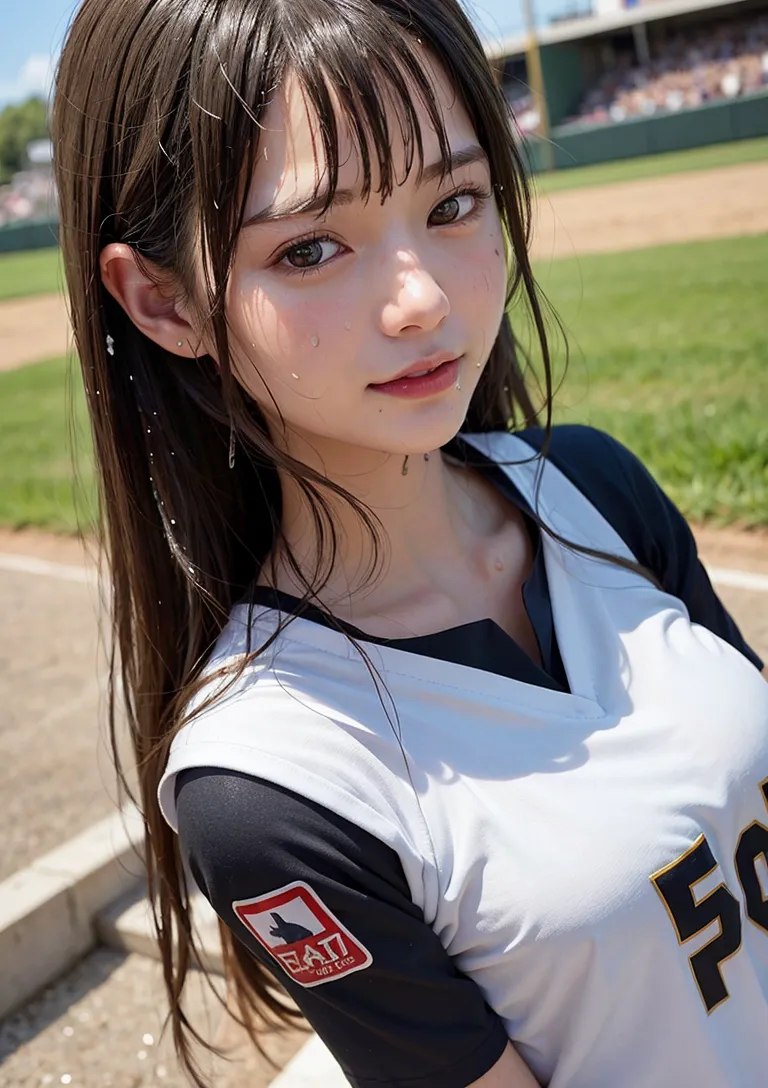 野球スタジアムを背景に、白と紺のユニフォーム姿で微笑む美少女のポートレート。長く流れる黒髪と前髪、爽やかな表情が春の日差しに映えます。