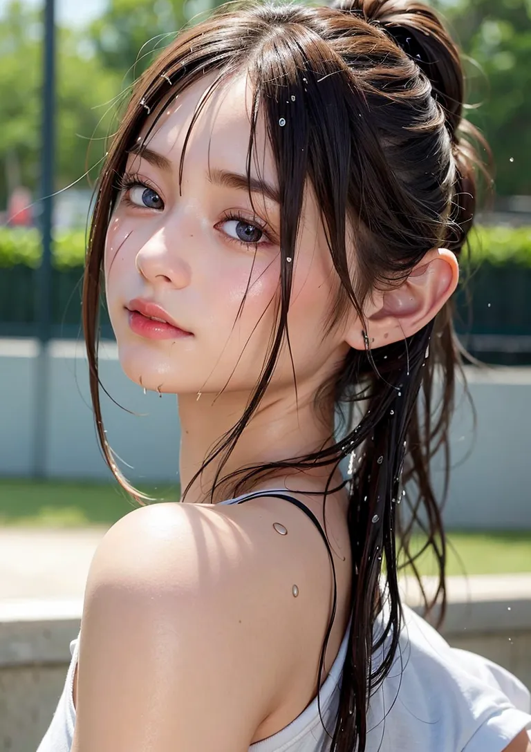 緑あふれる屋外で、黒髪を優雅にまとめた少女が振り返る瞬間を切り取ったポートレートです。柔らかな日差しが肌を照らし、清楚で思い出深い表情が印象的です。