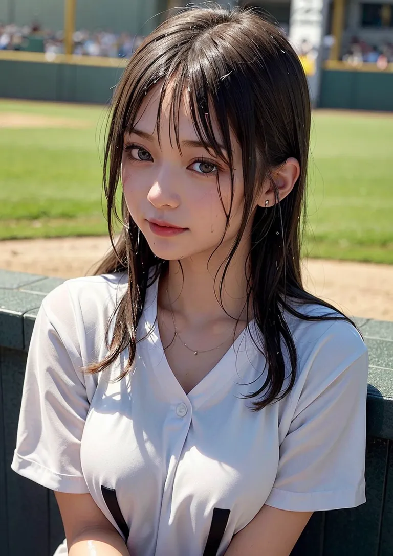 野球場の緑を背に、白いシャツを身にまとった長髪の少女が優しい表情で佇んでいます。流れる黒髪と柔らかな日差しが、儚げで青春らしい雰囲気を醸し出しています。