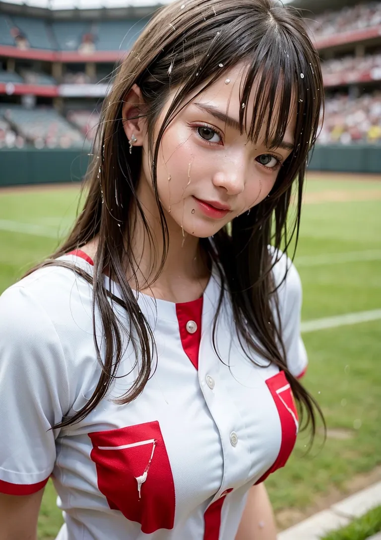 白と赤のスポーツユニフォームに身を包んだ美少女が、広々とした野球場を背景に佇む。黒髪に煌めく水滴が光り、儚げな表情と爽やかな雰囲気が青春の一瞬を切り取ったような作品です。
