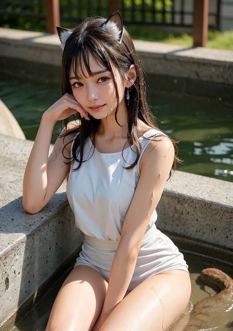 白いタンクトップに猫耳を付けた少女が、夏の庭園でほほえみかけています。水辺のそばで頬に手を添え、透明感あふれる優雅な雰囲気を醸し出すアニメ調イラストです。