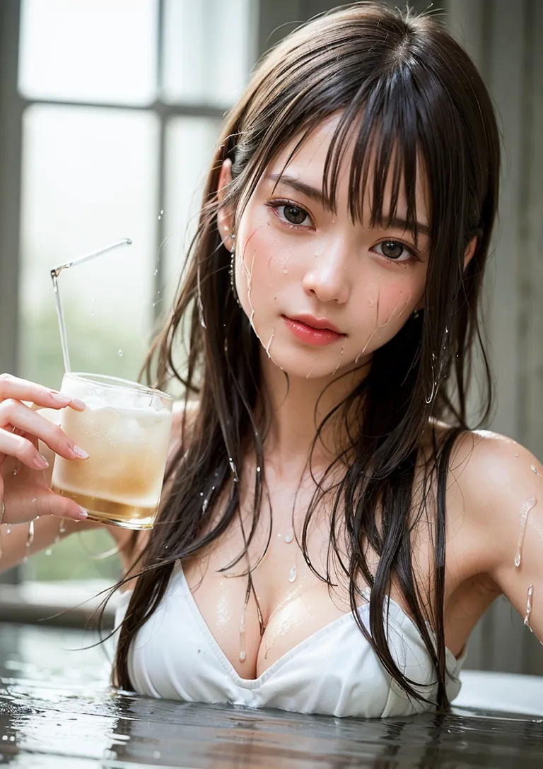 窓辺で飲料を片手に持つ黒髪ロングの少女。濡れた肌と白いキャミソールが夏の一瞬の涼しさを表現し、窓からの自然光が柔らかく顔立ちを照らしています。