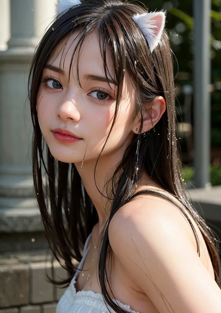 黒髪ロングと白い猫耳が印象的な美少女のポートレートです。白トップスに身を包み、穏やかな表情で屋外の柔らかな日差しの中に佇む清楚な雰囲気が特徴的なイラストです。