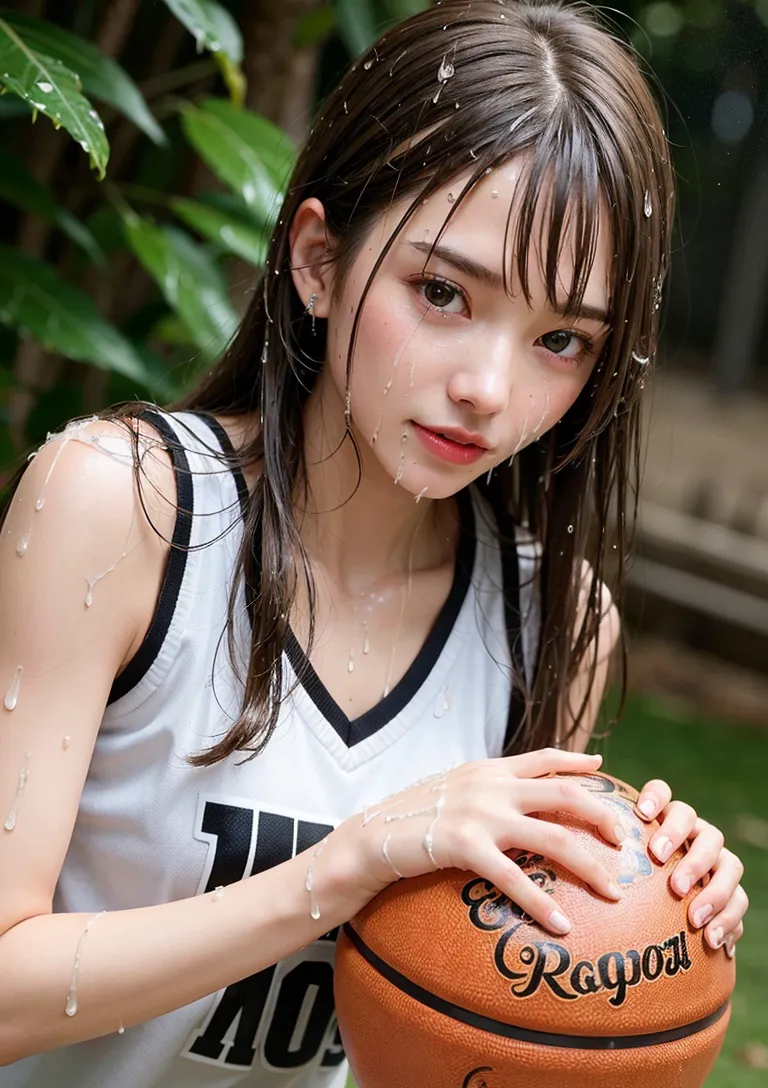白いタンクトップにバスケットボールを抱えた少女が、雨の中で儚げな表情を見せています。濡れた黒髪が顔に優しく落ち、緑の植物に囲まれた屋外で爽やかなスポーティーな雰囲気を演出する一枚です。