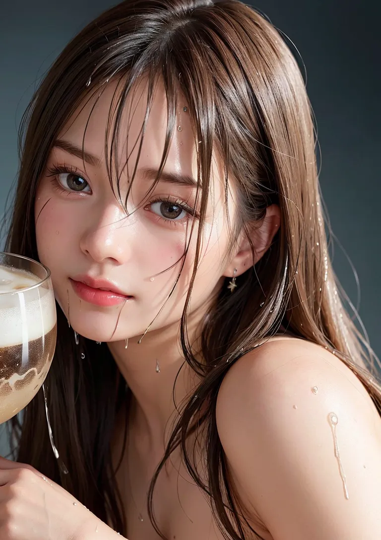 柔らかな光に包まれた美少女のポートレートイラストです。流れるような長髪と洗練された表情、ドリンクを持つ優雅な仕草が印象的な一枚。アニメ調の繊細なタッチで描かれています。