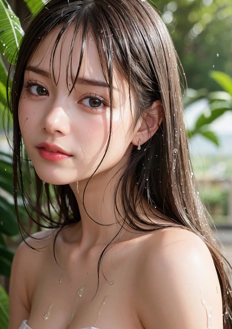 緑の自然背景で雨粒に濡れた黒髪の美少女を捉えたポートレート。やや伏し目がちな瞳と淡いリップカラーが印象的で、光と影が柔らかく顔を照らしています。