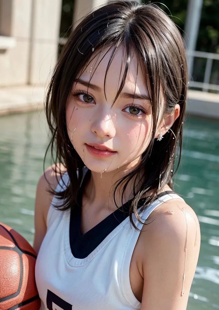 午後の日光に輝く屋外のプール脇で、黒髪をなびかせながらこちらを見つめる美少女のポートレート。白いスポーティなタンクトップ姿で、清楚で爽やかな雰囲気が漂う一枚です。