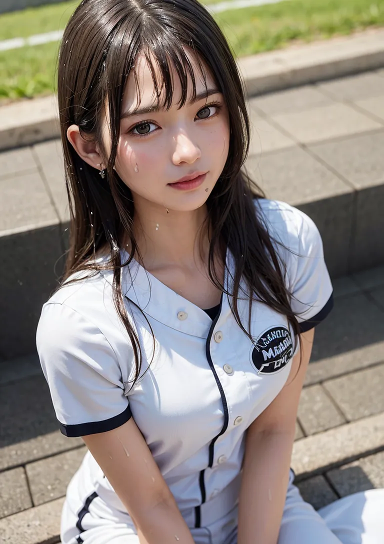 黒い長髪と前髪が印象的な美少女が、屋外の日差しの中で白いシャツを着て微笑んでいます。透明感のある肌と柔らかい表情で、爽やかな雰囲気のアニメ調イラストです。