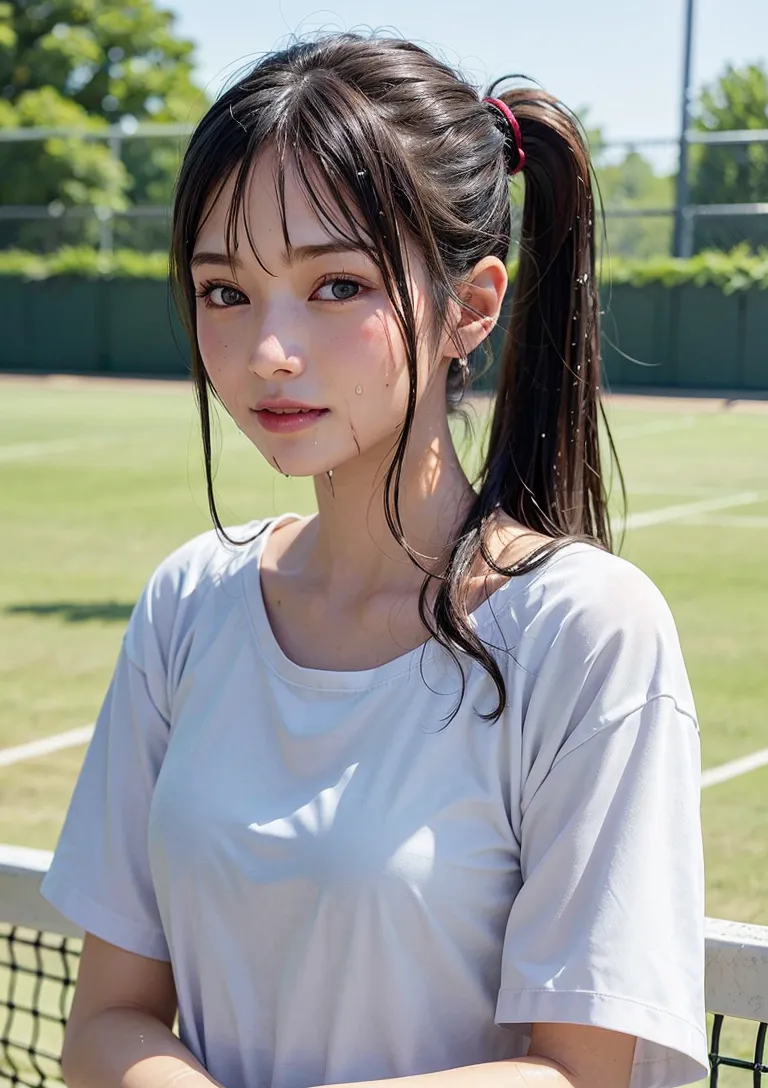 白いTシャツにポニーテールで、テニスコートに立つ少女のポートレートです。爽やかな表情と見つめる瞳が印象的で、青空と緑の草地に映える清潔感のある一枚です。
