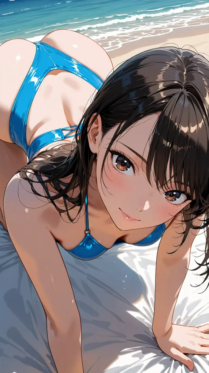 波打つ海と砂浜を背景に、黒髪の少女が青いビキニで微笑む夏のアニメ調イラスト。潮風に揺れる髪と優しい眼差しが印象的なビーチシーンです。