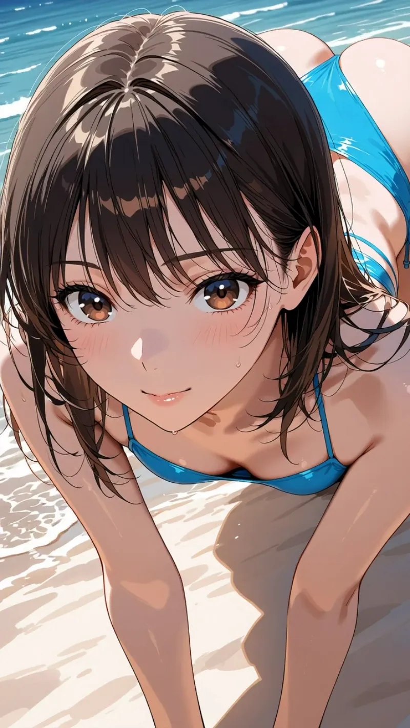 褐色の瞳が優しく輝く美少女が、青いビキニを身につけて海辺でほほえんでいます。黒い短髪に陰影が美しく、波の描写が涼しい夏の雰囲気を引き出すアニメ調イラストです。