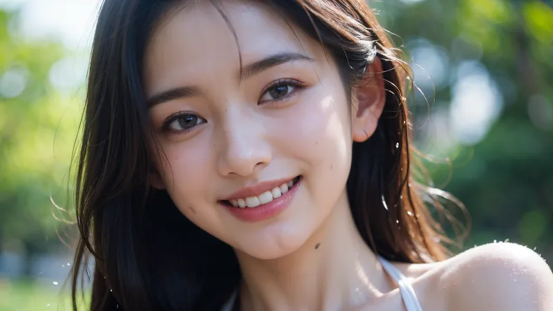 黒髪ロングヘアの少女が屋外の光に包まれながら、清涼感あふれる笑顔を見せるポートレート。春の緑を背景に、透明感のある肌と明るい表情が印象的です。