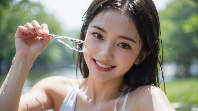 緑豊かな公園で清涼感あふれるシャボン玉を手にした少女のポートレート。柔らかな自然光と爽やかな笑顔が初夏の優しい雰囲気を演出しています。