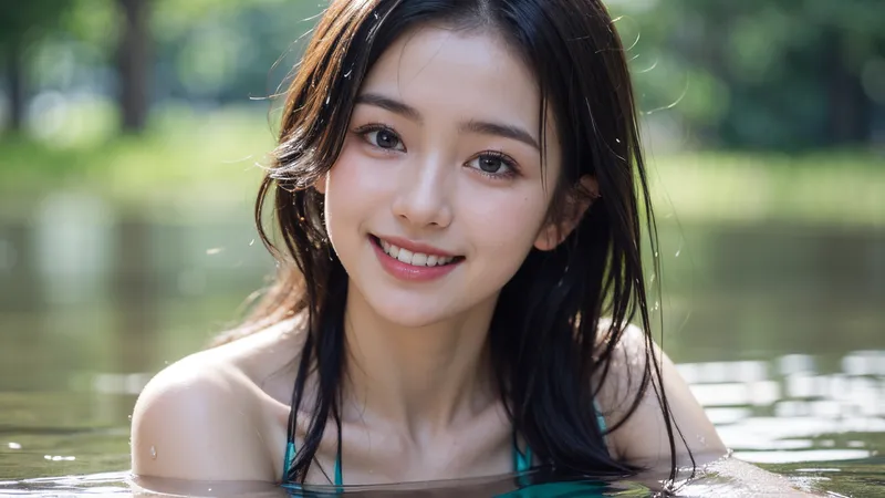 清楚で爽やかな黒髪の美少女が、緑豊かな屋外の水辺で笑顔を浮かべています。夏の陽光に照らされた優しい表情と、水に親しむ自然な仕草が印象的なイラスト作品です。