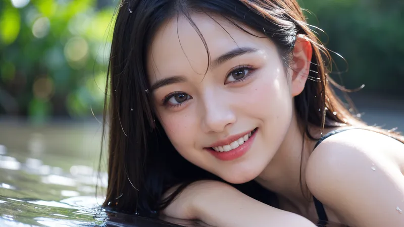 清涼感あふれる水辺で、長く艶やかな黒髪をなびかせながら優しく微笑む少女のポートレート。自然光に包まれた爽やかな夏の表情が印象的です。