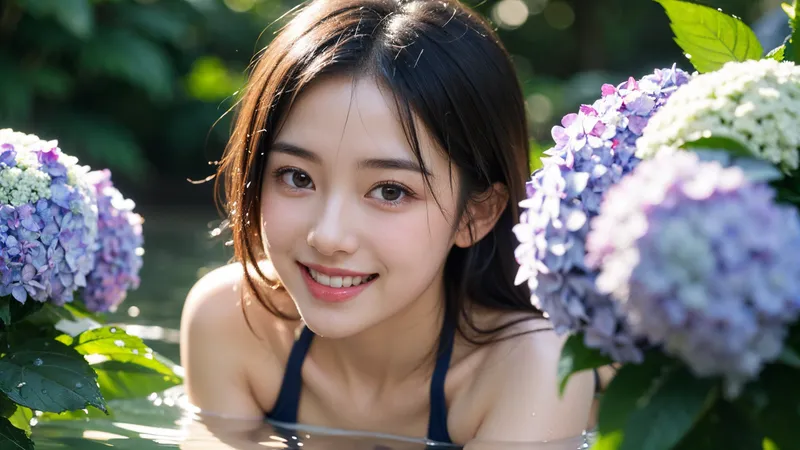 水辺に涼しげに佇む黒髪の少女が、紫と白の紫陽花に囲まれながら微笑む。夏の光が肌を優しく照らし、爽やかな表情と花々の彩りが調和したポートレート作品です。