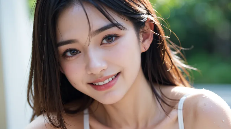 屋外で柔らかな春の光に包まれた黒髪の美少女ポートレート。層状にカットされた髪が流れるように揺れ、上品な笑顔と透き通る肌が印象的です。