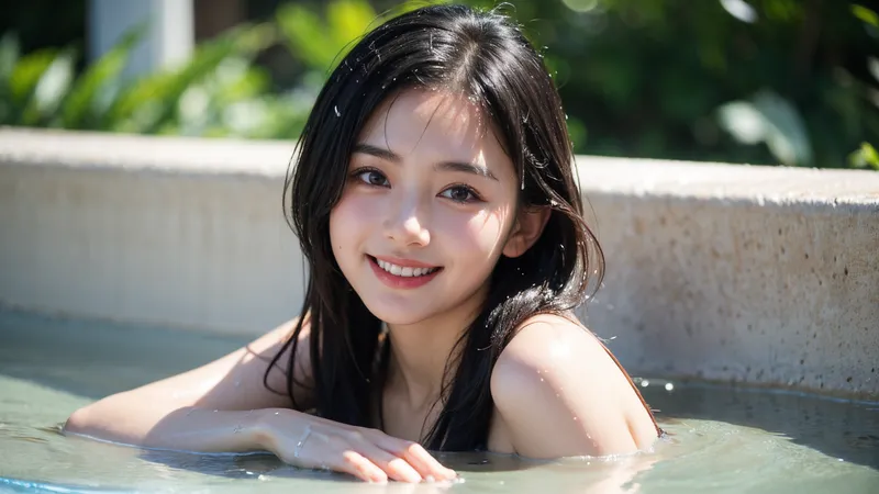 青い水面に映える黒髪の少女が、爽やかな笑顔でプールに浸かっています。清涼感あふれる夏の日中、自然な光が肌を優しく照らし、屋外の開放的な雰囲気が印象的なイラストです。
