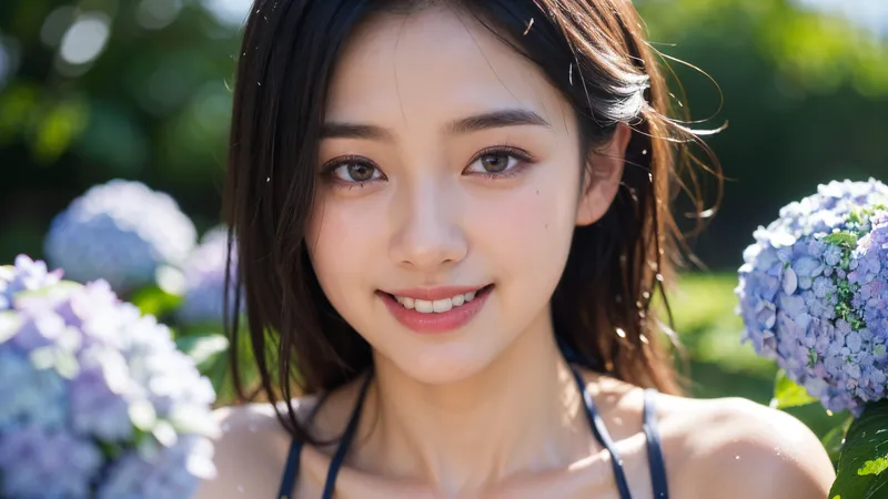 初夏の庭で紫陽花に囲まれた黒髪の少女が爽やかな笑顔を見せるポートレート。柔らかな自然光に照らされた優雅な表情と、背景の青紫の花々が調和した一枚です。