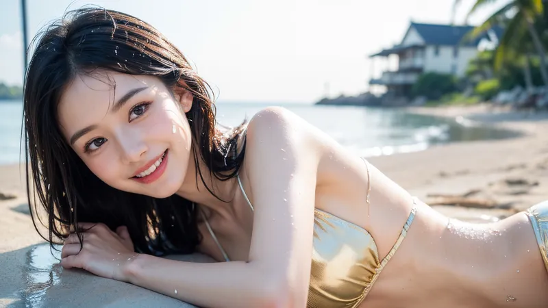 黒く長い髪を風になびかせ、優しい瞳で微笑む美少女が浅瀬に身を置く夏のビーチシーン。古い木造建築が見える海辺で、爽やかな日差しに包まれた清涼感あふれる一枚です。