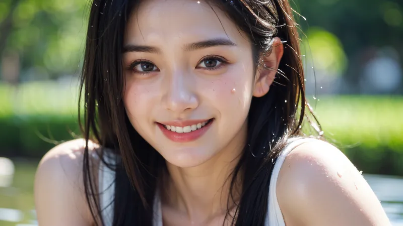 緑あふれる屋外で、爽やかな表情を見せる美少女のポートレート写真。長い黒髪が日光に輝き、清楚で親しみやすい雰囲気が印象的です。