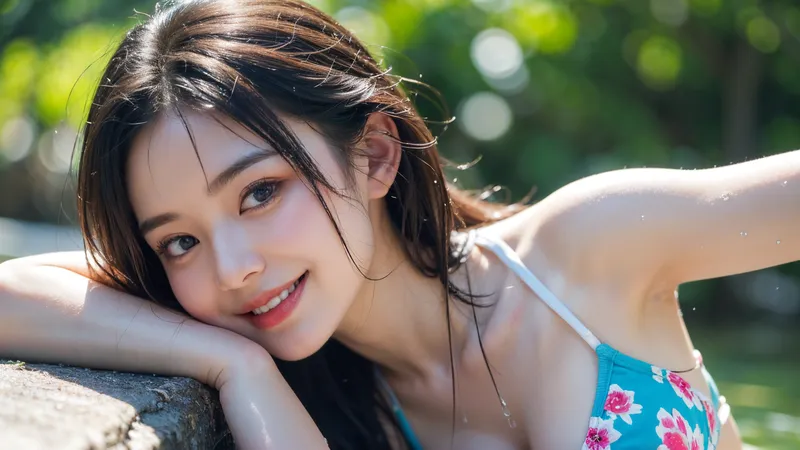 緑豊かな屋外で、花柄のターコイズブルーのトップスを着た黒髪の女性が、石の上で優しく微笑む。陽光に照らされた肌と、頭上から漏れる光が清涼感あふれる夏らしい一枚です。
