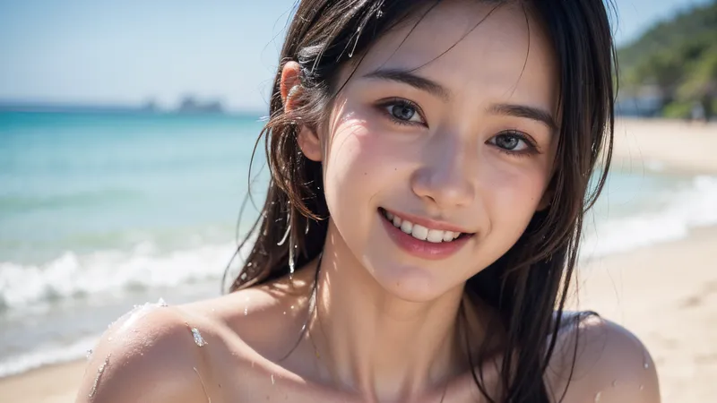 透き通った青い海を背景に、黒髪をかき上げた少女が爽やかな笑顔を見せています。夏の日差しを浴びた肌の質感と、水滴がキラキラと光る表情が印象的なビーチシーンです。