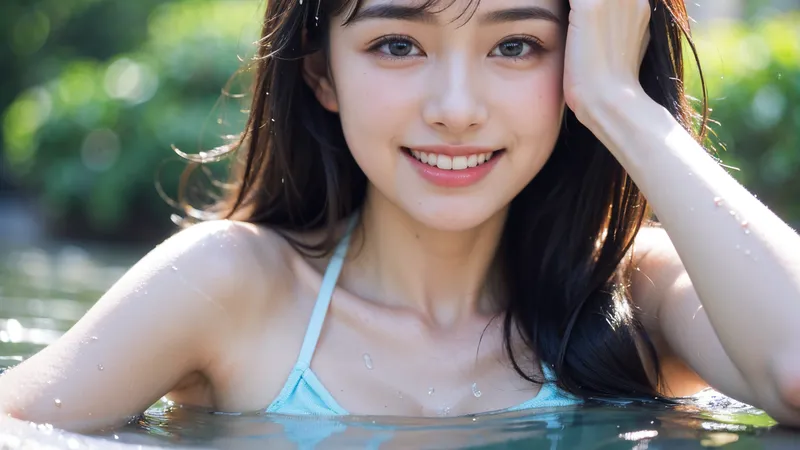 黒髪ロングの少女が水辺で爽やかな笑顔を見せるポートレート。明るい日差しと緑の背景が透明感を引き立て、夏の清涼感が伝わる一枚です。