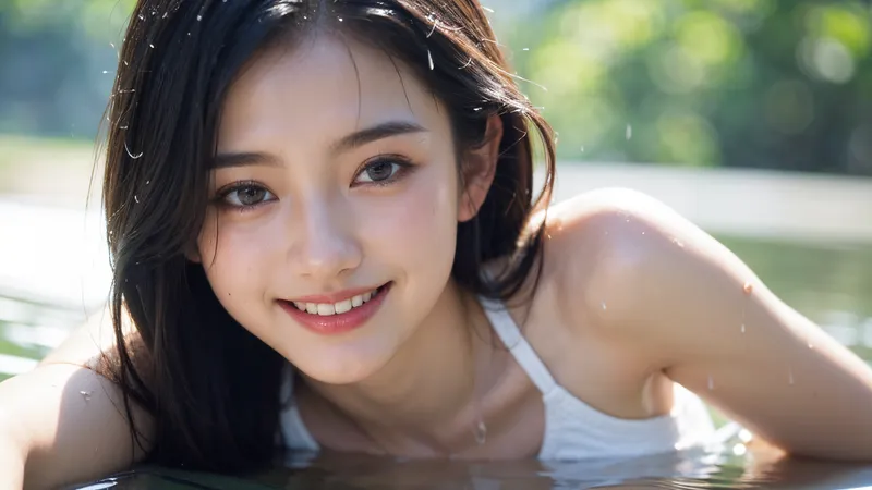 夏の屋外で水辺に寄り添い、清楚な白いタンクトップを纏いながら爽やかな笑顔を浮かべる黒髪の美少女。逆光に透ける肌と自然な表情が、アニメ調の優美さを引き出しています。