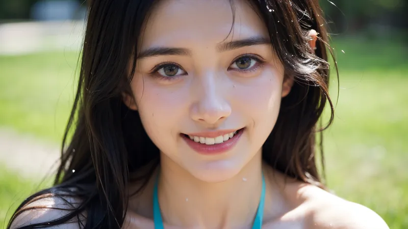 緑の芝生を背景に、黒髪を優しく流して爽やかに笑う少女のポートレート写真。明るい日差しの中で、清潔感あふれる表情とナチュラルな肌質が印象的です。