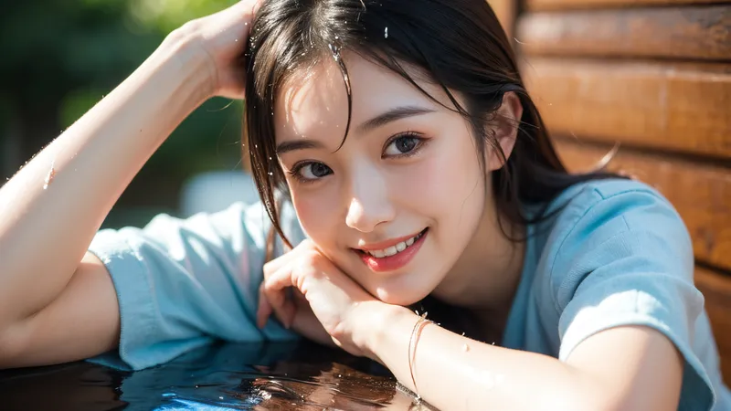 爽やかな青いシャツを身にまとい、水辺で優しく微笑む美少女。黒い長髪が光に透ける夏らしい空間で、親しみやすい表情とナチュラルな魅力を引き出したポートレート写真です。