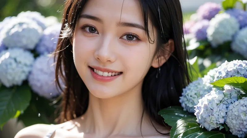 爽やかな初夏の庭園で、青紫の紫陽花に囲まれながら微笑む黒髪の少女。柔らかな自然光が顔をやさしく照らし、清涼感あふれる表情と色彩が調和した屋外ポートレートです。