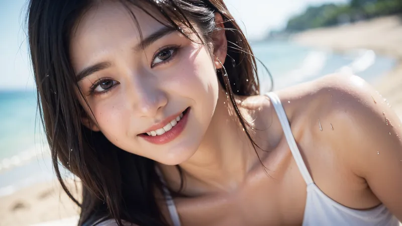白いキャミソールを着た黒髪の美少女が、青い海を背景にした砂浜で爽やかな笑顔を見せるポートレート。日差しの中での清潔感あふれる夏の屋外撮影です。