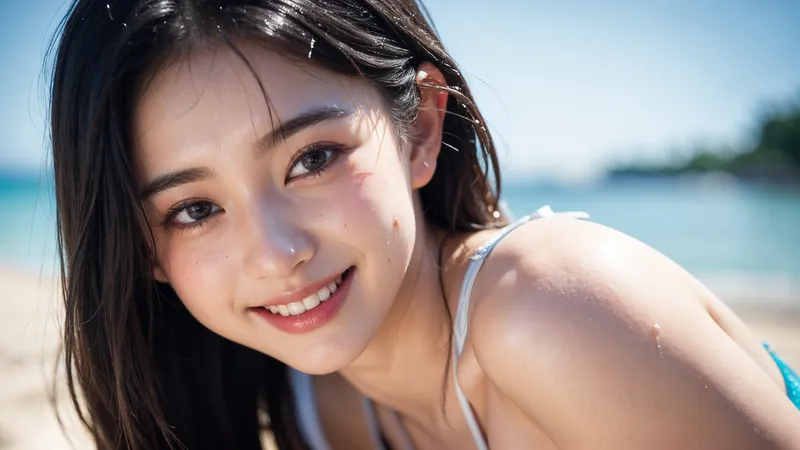 青い海と空を背景に、黒髪をなびかせながら優しく微笑む美少女のポートレート。夏の日差しに照らされた肌の質感と、自然な表情が印象的なアニメ調イラストです。