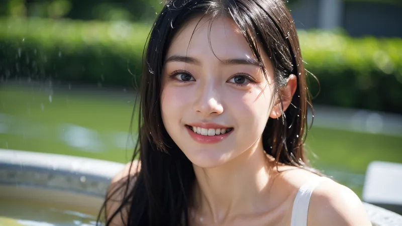 濡れた黒髪が涼しさを引き立てる屋外ポートレート。緑の自然に包まれた水辺で、明るい笑顔を見せる少女の瞬間を捉えた親しみやすいイラストです。