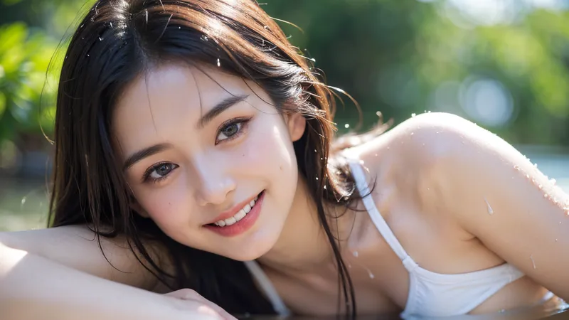 光が透ける屋外で、黒髪ロングヘアの美少女が白いトップスを着て柔らかな笑顔を見せるポートレート。夏の爽やかな雰囲気に包まれた清潔感あふれる一枚です。