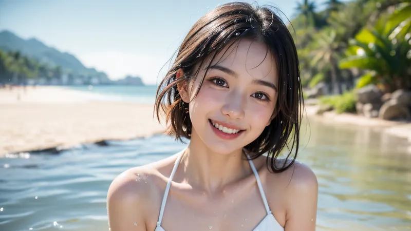 トロピカルな海岸を背景に、濡れた黒髪と爽やかな笑顔が印象的な美少女のアニメ調イラスト。白い水着と透き通った海水に包まれた夏の一瞬を切り取った屋外ポートレートです。