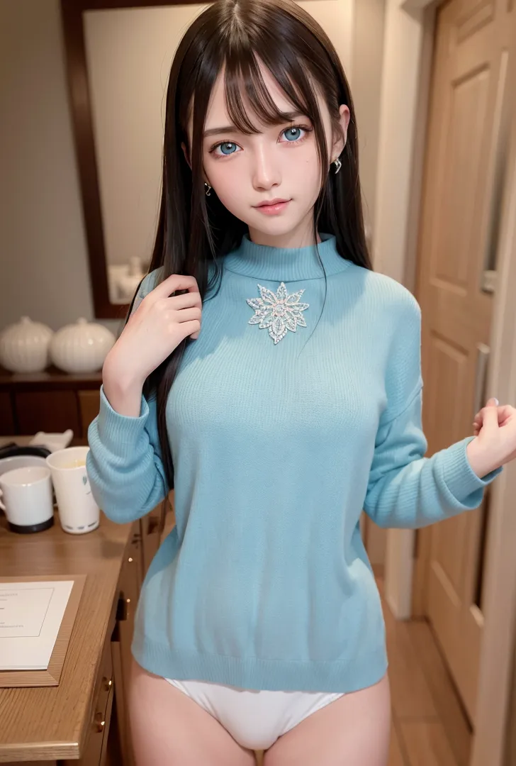 淡い青色のニットに雪結晶のあしらいをした、清楚な雰囲気の美少女イラストです。長い黒髪と青い瞳、儚げな表情が特徴で、室内の温かみのある背景で静寂の中の一瞬を切り取った作品。