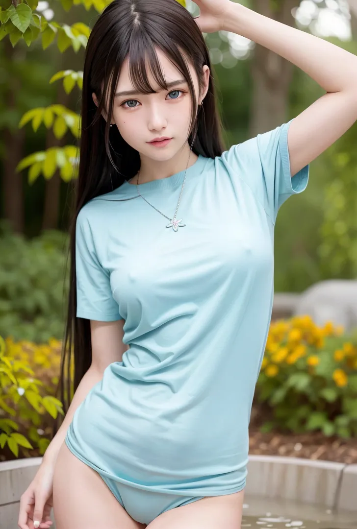 淡いブルーのTシャツに身を包み、緑豊かな庭園を背景に佇む黒髪の美少女。清潔感あふれる表情と自然光に照らされた肌が印象的です。