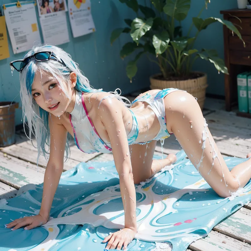 白とターコイズのバイカラーヘアが印象的な美少女が、青い装いで水遊びを楽しむ様子を描いたアニメ調イラストです。サングラスをかぶり、爽やかな表情で屋外の庭園で水しぶきを浴びている涼しげなシーンが表現されています。