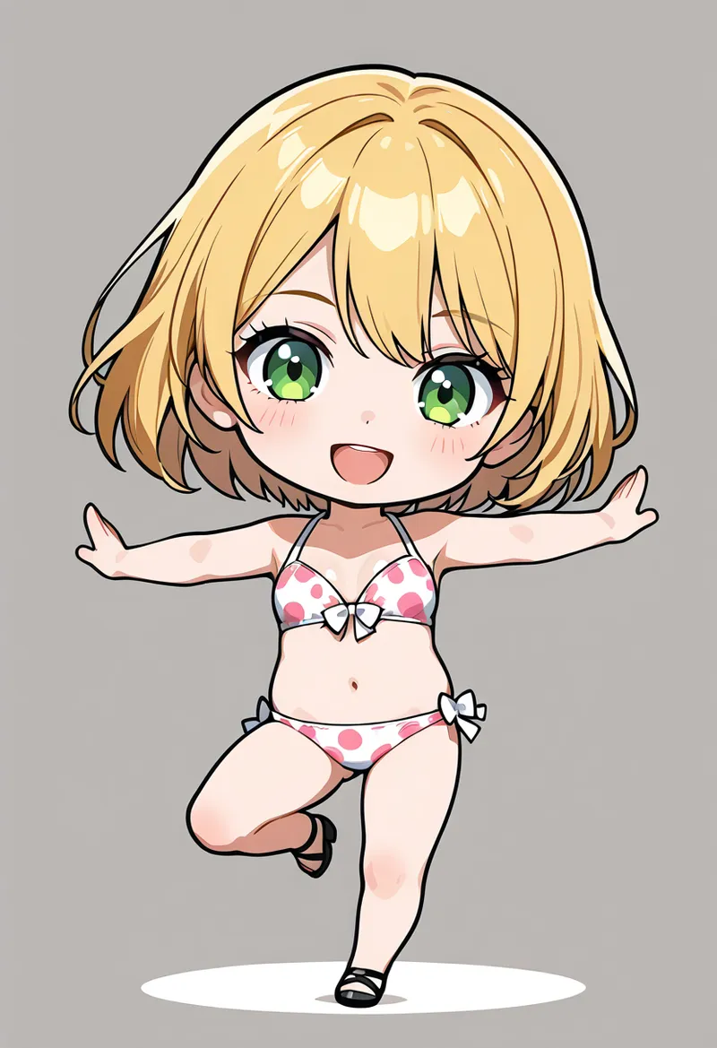 緑色の瞳が輝く元気な表情のアニメ調イラストです。金髪のボブヘアに淡いピンク色の水玉柄の衣装を身につけ、躍動感あふれるポーズで笑顔を見せています。