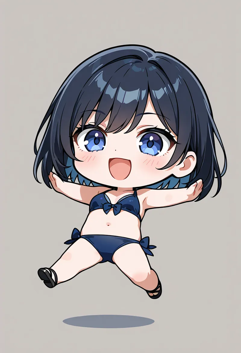 大きな青い瞳と楽しげな表情が魅力的な、紺色のショートヘアの美少女イラストです。リボン付きの紺色水着で、躍動感あふれるポーズをとっています。アニメ調のやさしい塗りと淡いベージュの背景が、キャラクターの可愛らしさを引き立てています。