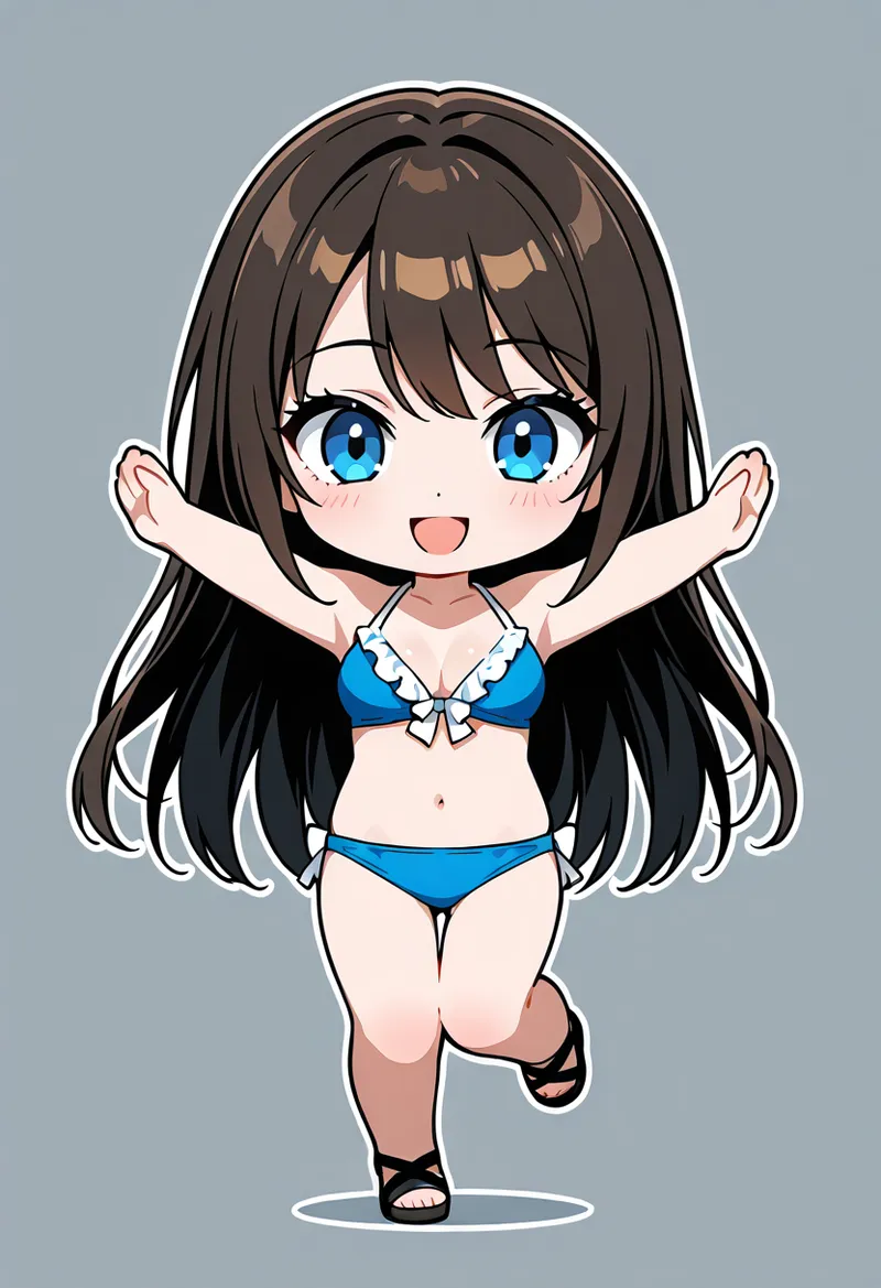 明るい表情で両手を広げるショートヘアの女の子が、青い水着姿で夏らしく描かれたアニメ調イラストです。透き通った青い瞳と元気いっぱいの笑顔が印象的で、パステル調の優しい色合いで仕上げられています。