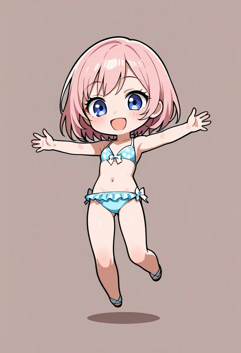 ピンク色のショートボブヘアと澄んだ青い瞳が印象的な美少女が、水色のフリル付きビキニで両腕を広げて楽しそうに微笑んでいます。夏らしい明るい表情が魅力的なアニメ調イラストです。