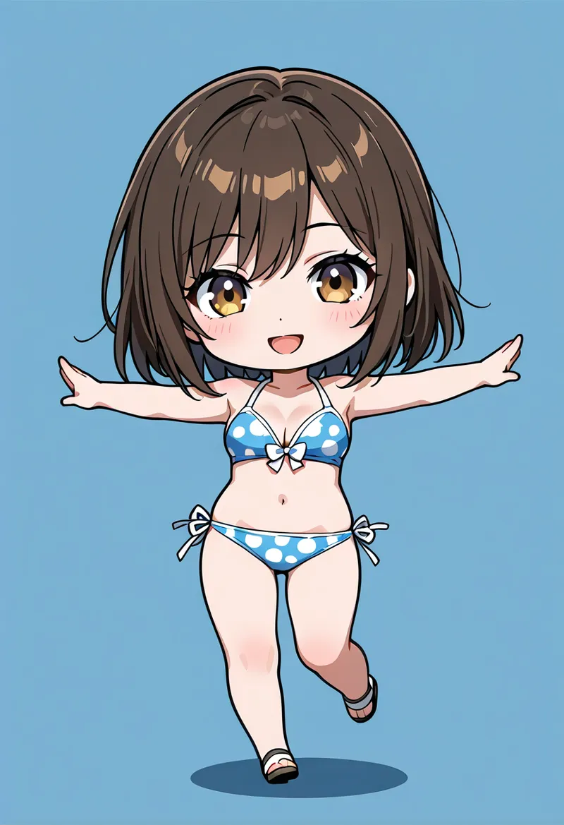 明るい青空を背景に、褐色の瞳と元気な笑顔が輝くショートヘアの美少女が両腕を広げています。青と白の水玉柄ビキニを身につけた夏らしいアニメ調イラストです。