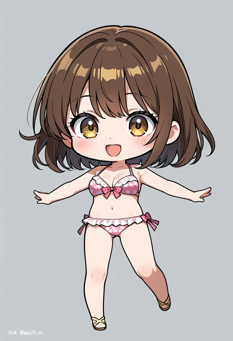 金色の瞳が印象的な茶髪ボブの美少女が、ピンク系のリボン装飾がついた水着姿で元気な笑顔を見せるアニメ調のイラストです。